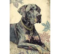 Artery8 Great Dane Dog with Floral Pattern Modern Linocut Illustration Large Wall Art Poster Print Thick Paper 18X24 Inch