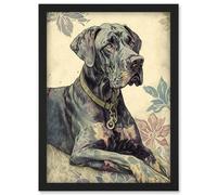 Artery8 Great Dane Dog With Floral Pattern Modern Linocut Illustration Wall Art Print - A4 Size