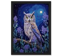 Artery8 Great Horned Owl in Lavender Field Oil Painting Blue Purple Full Moon Night in the Countryside Artwork Framed Wall Art Print A4