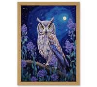 Artery8 Great Horned Owl in Lavender Field Oil Painting Blue Purple Full Moon Night in the Countryside Artwork Framed A3 Wall Art Print