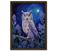 Artery8 Great Horned Owl in Lavender Field Oil Painting Blue Purple Full Moon Night in the Countryside Artwork Framed A3 Wall Art Print