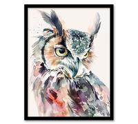 Artery8 Great Horned Owl Portrait Modern Watercolour Framed Art Print | Size: W12" x H16" Artery8 Multicolor W12" x H16"