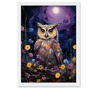 Artery8 Great Horned Owl Portrait with Lavender Full Moon Oil Painting Spring Night in Countryside Flower Meadow Artwork Framed A3 Wall Art Print