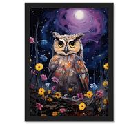 Artery8 Great Horned Owl Portrait with Lavender Full Moon Oil Painting Spring Night in Countryside Flower Meadow Artwork Framed A3 Wall Art Print