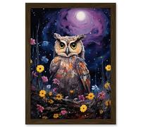Artery8 Great Horned Owl Portrait with Lavender Full Moon Oil Painting Spring Night in Countryside Flower Meadow Artwork Framed Wall Art Print A4