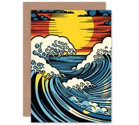 Artery8 Great Wave Comic Book Style Seascape Sunset for Him or Her Man Woman Birthday Thank You Congratulations Blank Art Greeting Card