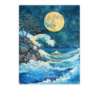Artery8 Great Wave Seascape Under a Full Moon Watercolour Living Room Extra Large XL Wall Art Poster Print