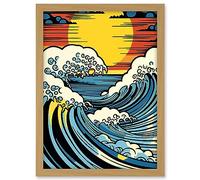Artery8 Great Waves Linocut Comic Book Style Seascape Sunset Polka Dot Halftone Artwork Framed A3 Wall Art Print