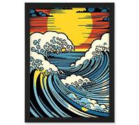 Artery8 Great Waves Linocut Comic Book Style Seascape Sunset Polka Dot Halftone Artwork Framed A3 Wall Art Print