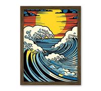 Artery8 Great Waves Linocut Comic Book Style Seascape Sunset Polka Dot Halftone Artwork Framed Wall Art Print 18X24 Inch