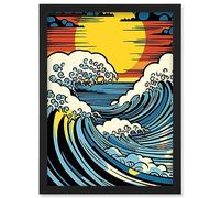 Artery8 Great Waves Linocut Comic Book Style Seascape Sunset Polka Dot Halftone Artwork Framed Wall Art Print A4