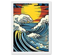 Artery8 Great Waves Linocut Comic Book Style Seascape Sunset Polka Dot Halftone Artwork Framed Wall Art Print A4