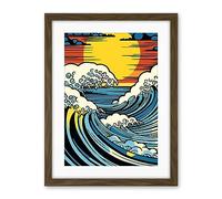 Artery8 Great Waves Linocut Comic Book Style Seascape Sunset Polka Dot Halftone Artwork Framed Wall Art Print 18X24 Inch
