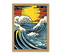 Artery8 Great Waves Linocut Comic Book Style Seascape Sunset Polka Dot Halftone Artwork Framed Wall Art Print 18X24 Inch