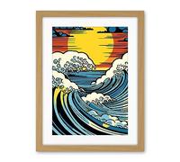 Artery8 Great Waves Linocut Comic Book Style Seascape Sunset Polka Dot Halftone Artwork Framed Wall Art Print 18X24 Inch