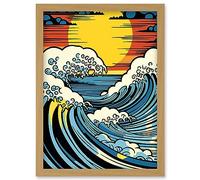 Artery8 Great Waves Linocut Comic Book Style Seascape Sunset Polka Dot Halftone Artwork Framed Wall Art Print A4