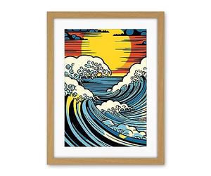 Artery8 Great Waves Linocut Comic Book Style Seascape Sunset Polka Dot Halftone Artwork Framed Wall Art Print 18X24 Inch