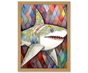 Artery8 Great White Shark Folk Art Watercolour Painting Artwork Framed A3 Wall Art Print