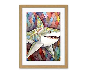 Artery8 Great White Shark Folk Art Watercolour Painting Artwork Framed Wall Art Print 18X24 Inch