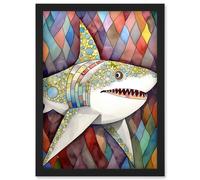 Artery8 Great White Shark Folk Art Watercolour Painting Artwork Framed Wall Art Print A4 in Black Artery8 Black