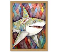 Artery8 Great White Shark Folk Art Watercolour Painting Artwork Framed Wall Art Print A4 in Light Oak Artery8 Light Oak