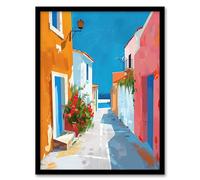Artery8 Greek Coastal Village Street Painting Calm Sunny Bathroom Toilet Artwork Framed Wall Art Print 18X24 Inch