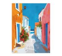 Artery8 Greek Coastal Village Street Painting Calm Sunny Bathroom Toilet Extra Large XL Wall Art Poster Print