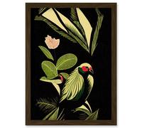 Artery8 Green Black Modern Vintage Tropical Plant Leaves with Bird Artwork Framed Wall Art Print A4 in Brown Artery8 Brown