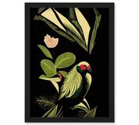 Artery8 Green Black Modern Vintage Tropical Plant Leaves With Bird Wall Art Print - A4 Size
