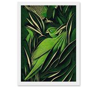 Artery8 Green Modern Vintage Retro Abstract Jungle Tropical Leaves Parrots Illustration Artwork Framed Wall Art Print A4 in White Artery8 White