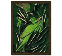Wee Blue Coo Green Modern Vintage Retro Abstract Jungle Tropical Leaves Parrots Illustration Artwork Framed Wall Art Print A4