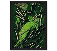 Wee Blue Coo Green Modern Vintage Retro Abstract Jungle Tropical Leaves Parrots Illustration Artwork Framed Wall Art Print A4