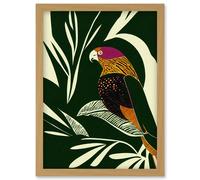 Green Orange Pink Cream Modern Vintage Tropical Plant Leaves with Bird Artwork Framed Wall Art Print A4 Artery8 Light Oak One Size