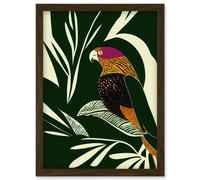 Artery8 Green Orange Pink Cream Modern Vintage Tropical Plant Leaves with Bird Artwork Framed Wall Art Print A4 in Brown Artery8 Brown