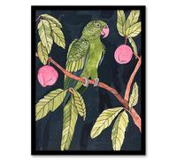 Artery8 Green Parakeet Parrot on Plum Fruit Tree Branch Living Room Artwork Framed Wall Art Print A4