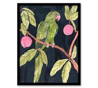 Artery8 Green Parakeet Parrot on Plum Fruit Tree Branch Living Room Artwork Framed Wall Art Print 18X24 Inch