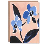 Artery8 Greeting Card Abstract Blue Pink Orchid Flowers Watercolour For Her Woman Birthday Card