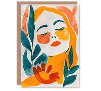 Artery8 Greeting Card Abstract Floral Female Portrait Orange Teal Boho Blank For Him Or Her Art Birthday Card