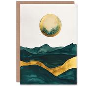 Artery8 Greeting Card Abstract Full Moon Seascape Dark Green Gold Boho Blank For Him Or Her Art Birthday Card