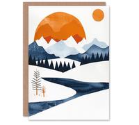 Artery8 Greeting Card Abstract Geometric Orange Blue Winter Landscape Blank For Him Or Her Art Birthday Card