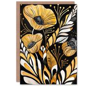 Artery8 Greeting Card Abstract Poppies Gold Black Floral Watercolour For Her Woman Birthday Card