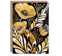 Artery8 Greeting Card Abstract Poppies Gold Black Floral Watercolour For Her Woman Birthday Card