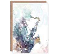 Artery8 Abstract Saxophone Jazz Musician Watercolour Birthday Art Card in Blue Artery8 Blue