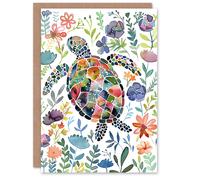 Artery8 Greeting Card Abstract Sea Turtle Colourful Floral Watercolour Blank For Him Or Her Art Birthday Card
