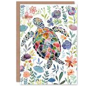 Artery8 Greeting Card Abstract Sea Turtle Colourful Floral Watercolour Artery8 Multicolor