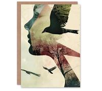 Artery8 Greeting Card Abstract Woman Profile Portrait Crows Trees Dark Blank For Him Or Her Art Birthday Card