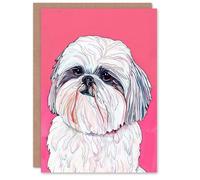Artery8 Greeting Card Adorable Shih Tzu Dog Lover Vibrant Pink Portrait Blank For Him Or Her Art Birthday Card
