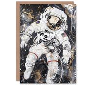 Artery8 Greeting Card Astronaut Space Walk Black Gold Grunge Design Blank For Him Or Her Art Birthday Card