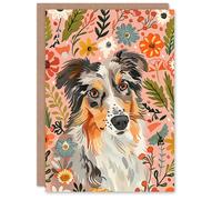 Artery8 Greeting Card Australian Sheepdog Floral Portrait Watercolour Blank For Him Or Her Art Birthday Card