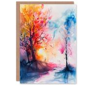 Artery8 Greeting Card Autumn Forest Sunrise Dream Watercolour Painting Blank For Him Or Her Art Birthday Card